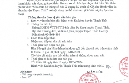 Thư mời báo giá: gói thầu sửa chữa hệ thống số hóa X Quang kỹ thuật số CR của bệnh viện đa khoa huyện Thạch Thất